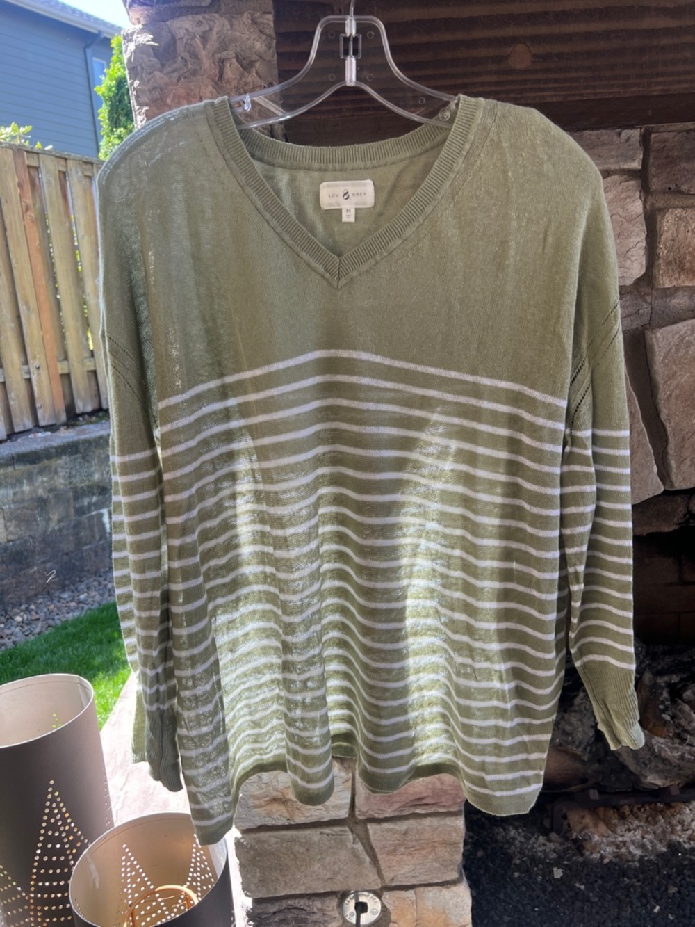 Light Olive Striped V-Neck Women’s Lou and Grey Sweater M